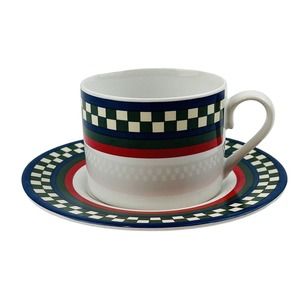 Ella's Rooster Flat Cup & Saucer Set Bob‎ Timberlake Green Checkerboard Trim